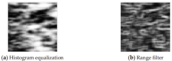 Figure 6.   The results of preprocessing: (a) histogram equalization; (b) range fifilter. 